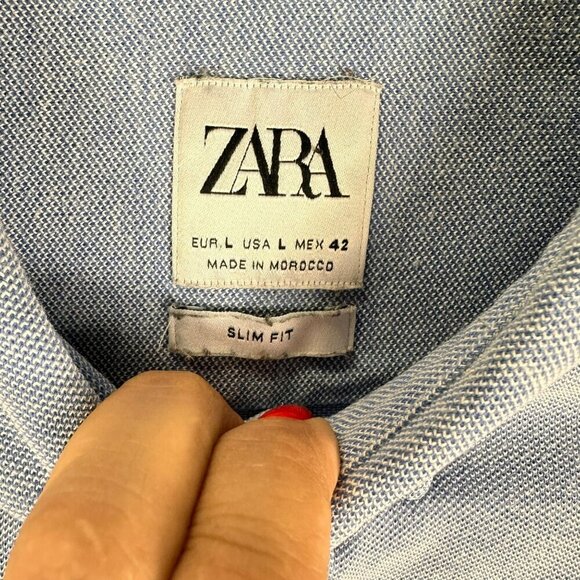 2/$30 Zara Blue Textured Stretch Man Slim Fit Shirt Long Sleeve Size Large - Picture 8 of 9